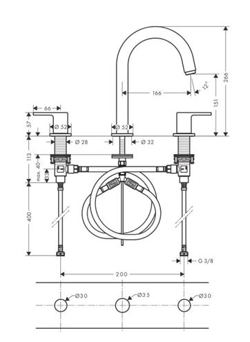 HANSGROHE VERNIS SHAPE umývadlová stojanková batéria 3-otvorová, s odtokovou súpravou, EcoSmart, chróm 71563000 Technický nákres