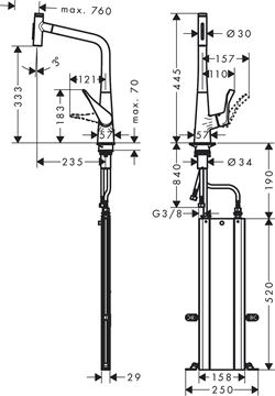 HANSGROHE METRIS SELECT M71 drezová batéria, s vyťahovacou sprškou, sBox, chróm 73816000 Technický nákres