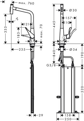 HANSGROHE METRIS SELECT M71 drezová batéria, s vyťahovacou sprškou, sBox, chróm 73816000 Technický nákres