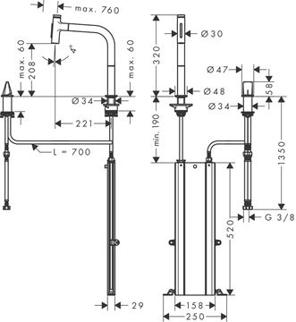 HANSGROHE METRIS SELECT M71 drezová batéria, s vyťahovacou sprškou, sBox, kartáčovaný čierny chróm 73818340 Technický nákres