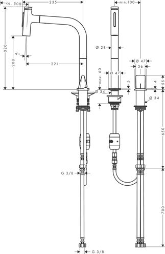 HANSGROHE METRIS SELECT M71 drezová batéria, s vyťahovacou sprškou, chróm 73819000 Technický nákres