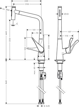 HANSGROHE METRIS SELECT M71 drezová batéria, s vyťahovacou sprškou, nerez 73820800 Technický nákres