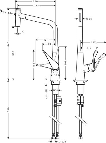 HANSGROHE METRIS SELECT M71 drezová batéria, s vyťahovacou sprškou, nerez 73820800 Technický nákres