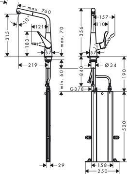 HANSGROHE METRIS M71 drezová batéria, s vyťahovacou sprškou, sBox, EcoSmart, chróm 73828000 Technický nákres