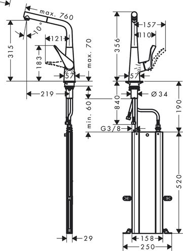 HANSGROHE METRIS M71 drezová batéria, s vyťahovacou sprškou, sBox, EcoSmart, chróm 73828000 Technický nákres