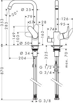 HANSGROHE FOCUS M41 drezová batéria, s ventilom pre umývačku, chróm 31823000 Technický nákres