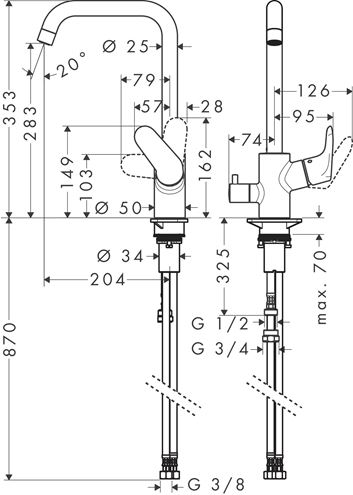 HANSGROHE FOCUS M41 drezová batéria, s ventilom pre umývačku, chróm 31823000 Technický nákres