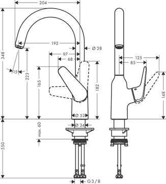 HANSGROHE FOCUS M42 drezová batéria, nerez 71802800 Technický nákres