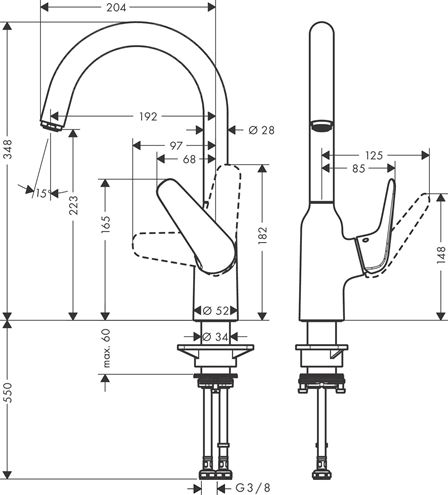 HANSGROHE FOCUS M42 drezová batéria, nerez 71802800 Technický nákres