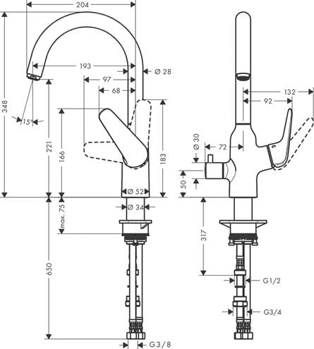 HANSGROHE FOCUS M42 drezová batéria, s ventilom pre umývačku, chróm 71803000 Technický nákres