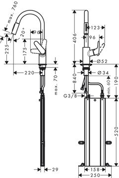 HANSGROHE FOCUS M41 drezová batéria, s vyťahovacou sprškou, sBox, nerez 73880800 Technický nákres