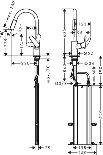 HANSGROHE FOCUS M41 drezová batéria, s vyťahovacou sprškou, sBox, nerez 73880800 Technický nákres