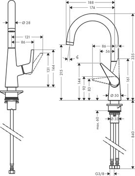 HANSGROHE TALIS M51 drezová batéria, nerez 72814800 Technický nákres