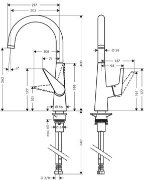 HANSGROHE TALIS M51 drezová batéria, EcoSmart, chróm 72816000 Technický nákres