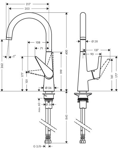 HANSGROHE TALIS M51 drezová batéria, EcoSmart, chróm 72816000 Technický nákres