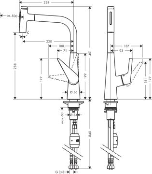 HANSGROHE TALIS SELECT M51 drezová batéria, s vyťahovacou sprškou, nerez 72823800 Technický nákres