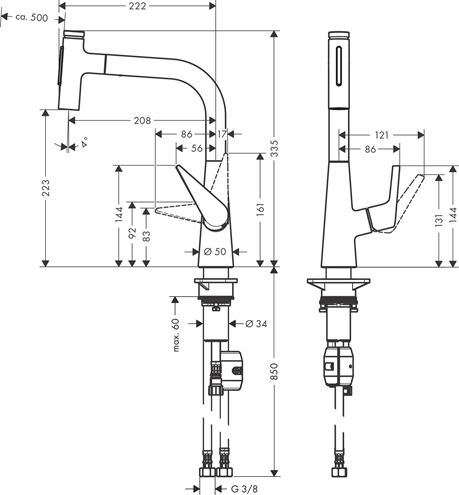 HANSGROHE TALIS SELECT M51 drezová batéria, s vyťahovacou sprškou, nerez 72824800 Technický nákres