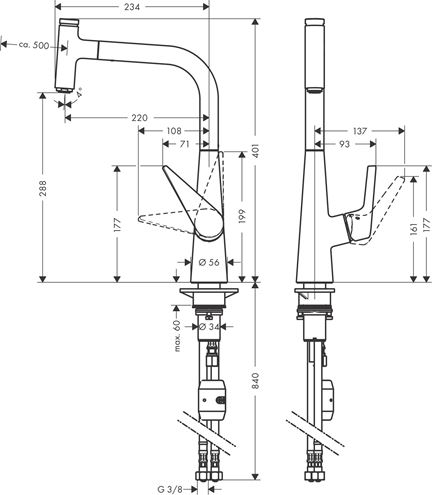 HANSGROHE TALIS SELECT M51 drezová batéria, s vyťahovacou sprškou, chróm 72826000 Technický nákres