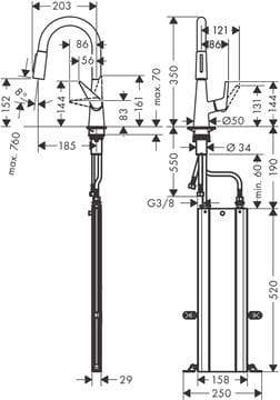 HANSGROHE TALIS M51 drezová batéria, s vyťahovacou sprškou, sBox, chróm 73850000 Technický nákres