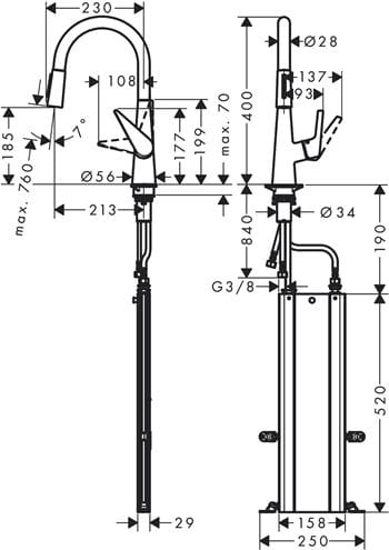 HANSGROHE TALIS M51 drezová batéria, s vyťahovacou sprškou, sBox, nerez 73851800 Technický nákres