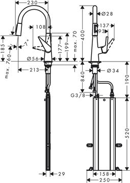 HANSGROHE TALIS M51 drezová batéria, s vyťahovacou sprškou, sBox, nerez 73851800 Technický nákres