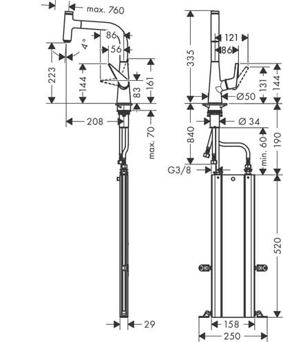 HANSGROHE TALIS SELECT M51 drezová batéria, s vyťahovacou sprškou, sBox, nerez 73852800 Technický nákres