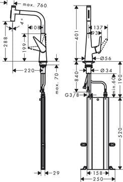HANSGROHE TALIS SELECT M51 drezová batéria, s vyťahovacou sprškou, sBox, chróm 73867000 Technický nákres