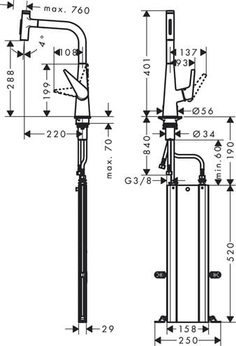 HANSGROHE TALIS SELECT M51 drezová batéria, s vyťahovacou sprškou, sBox, chróm 73867000 Technický nákres