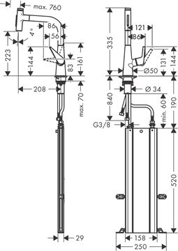 HANSGROHE TALIS SELECT M51 drezová batéria, s vyťahovacou sprškou, sBox, nerez 73868800 Technický nákres
