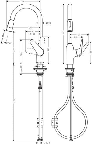 HANSGROHE FOCUS M42 drezová batéria, s vyťahovacou sprškou, nerez 71800800 Technický nákres