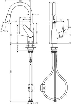 HANSGROHE FOCUS M42 drezová batéria, s vyťahovacou sprškou, chróm 71801000 Technický nákres
