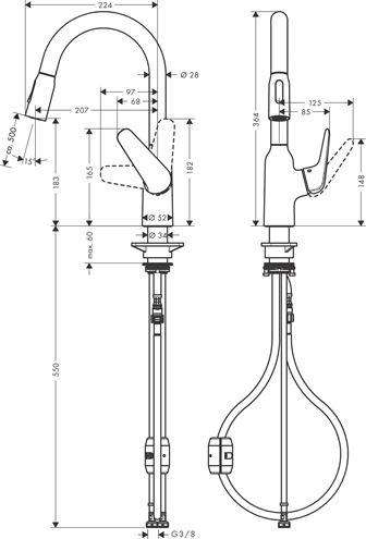 HANSGROHE FOCUS M42 drezová batéria, s vyťahovacou sprškou, chróm 71801000 Technický nákres