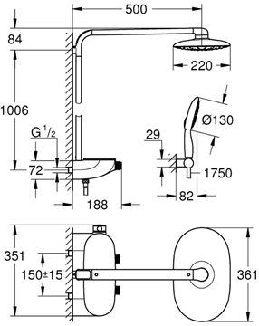 GROHE RAINSHOWER SYSTEM SMARTCONTROL MONO 360 sprchový set s termostatickou batériou, horná sprcha, ručná sprcha so 4 prúdmi, tyč, hadica, mesačná biela/chróm 26361LS0 Technický nákres