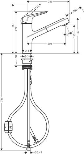 HANSGROHE FOCUS M42 drezová batéria, s vyťahovacou koncovkou, nerez 71814800 Technický nákres