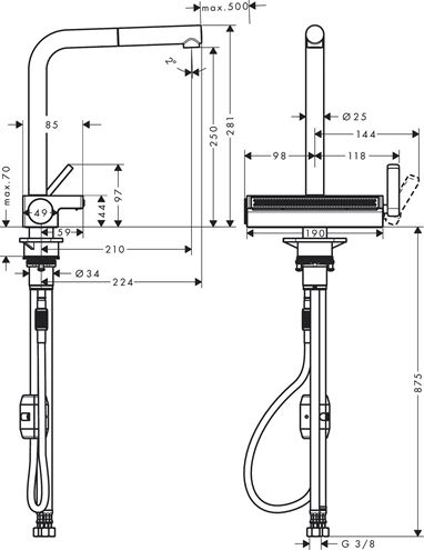 HANSGROHE AQUNO SELECT M81 drezová batéria, s vyťahovacou koncovkou a plochou sprškou, nerez 73836800 Technický nákres