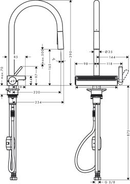 HANSGROHE AQUNO SELECT M81 drezová batéria, s vyťahovacou sprškou a plochým sprchovacím prúdom, matná čierna 73837670 Technický nákres