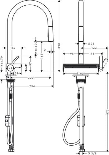 HANSGROHE AQUNO SELECT M81 drezová batéria, s vyťahovacou sprškou a plochým sprchovacím prúdom, nerez 73837800 Technický nákres