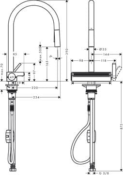 HANSGROHE AQUNO SELECT M81 drezová batéria, s vyťahovacou sprškou a plochým sprchovacím prúdom, nerez 73837800 Technický nákres