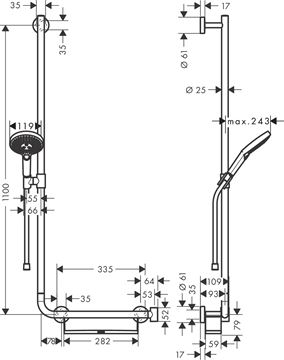 HANSGROHE RAINDANCE SELECT S 120 3JET sprchová súprava 4-dielna, ručná sprcha pr. 125 mm, 3 prúdy, tyč, hadica, polička, chróm 26324000 Technický nákres