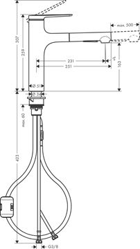 HANSGROHE ZESIS M33 drezová batéria, s vyťahovacou sprškou, nerez 74801800 Technický nákres