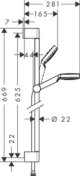 HANSGROHE CROMETTA 1JET sprchová súprava 3-dielna, ručná sprcha pr. 100 mm, tyč, hadica, EcoSmart, biela/chróm 26535400 Technický nákres