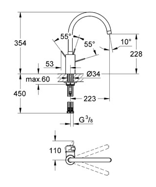GROHE EUROSMART COSMOPOLITAN drezová stojanková batéria, chróm 32843002 Technický nákres