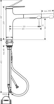 HANSGROHE ZESIS M33 drezová batéria, s vyťahovacou sprškou, sBox lite, nerez 74804800 Technický nákres