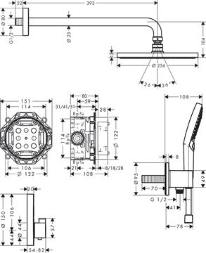 HANSGROHE RAINDANCE SELECT S sprchový set s termostatickou podomietkovou batériou, horná sprcha, ručná sprcha s 3 prúdmi, hadica, držiak, chróm 27951000 Technický nákres