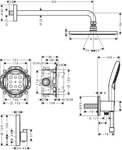 HANSGROHE RAINDANCE SELECT S sprchový set s termostatickou podomietkovou batériou, horná sprcha, ručná sprcha s 3 prúdmi, hadica, držiak, chróm 27951000 Technický nákres