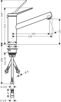 HANSGROHE ZESIS M33 drezová batéria, pre beztlakové ohrievače vody, 1jet, chróm 74806000 Technický nákres