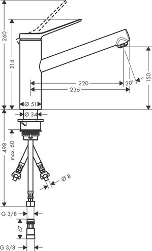 HANSGROHE ZESIS M33 drezová batéria, pre beztlakové ohrievače vody, 1jet, chróm 74806000 Technický nákres