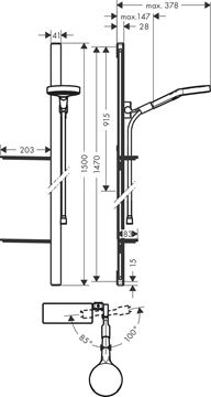 HANSGROHE RAINFINITY 130 3JET sprchová súprava 4-dielna, ručná sprcha pr. 130 mm, 3 prúdy, tyč, hadica, polička, chróm 27673000 Technický nákres