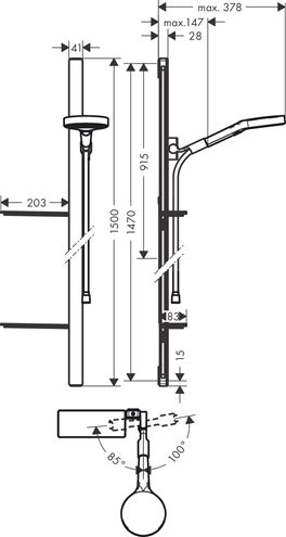 HANSGROHE RAINFINITY 130 3JET sprchová súprava 4-dielna, ručná sprcha pr. 130 mm, 3 prúdy, tyč, hadica, polička, chróm 27673000 Technický nákres