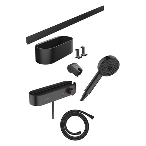 HANSGROHE WALLSTORIS sprchový set s termostatickou batériou, ručná sprcha s 3 prúdmi, nástenná tyč, hadica, držiak, polica, háčiky, EcoSmart, matná čierna 24250670 Obrázek - Hlavní obrázek